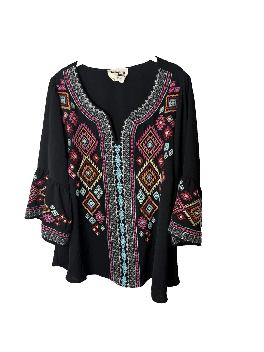 Savanna Jane Blouse Plus Size 1X Top 3/4 Sleeves Embroidered Black Colorful